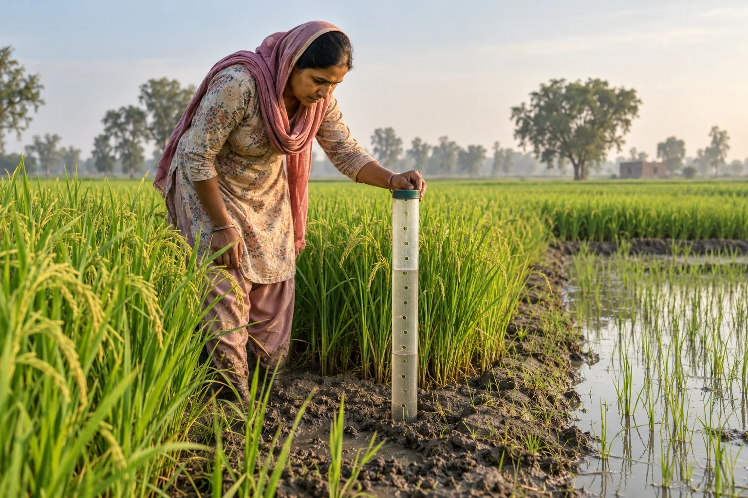 A farmer checks a perforated water-level tube in a partly drained rice paddy.