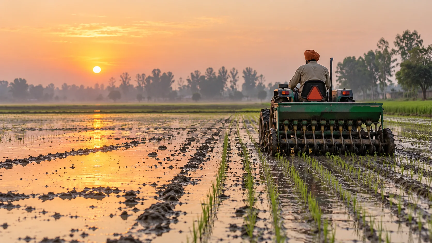Illustrative Punjab farmer operating a seed drill across direct-seeded rice rows.