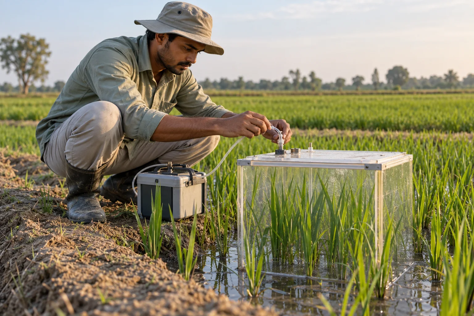 A field researcher collects a sample from a transparent chamber placed over rice plants.
