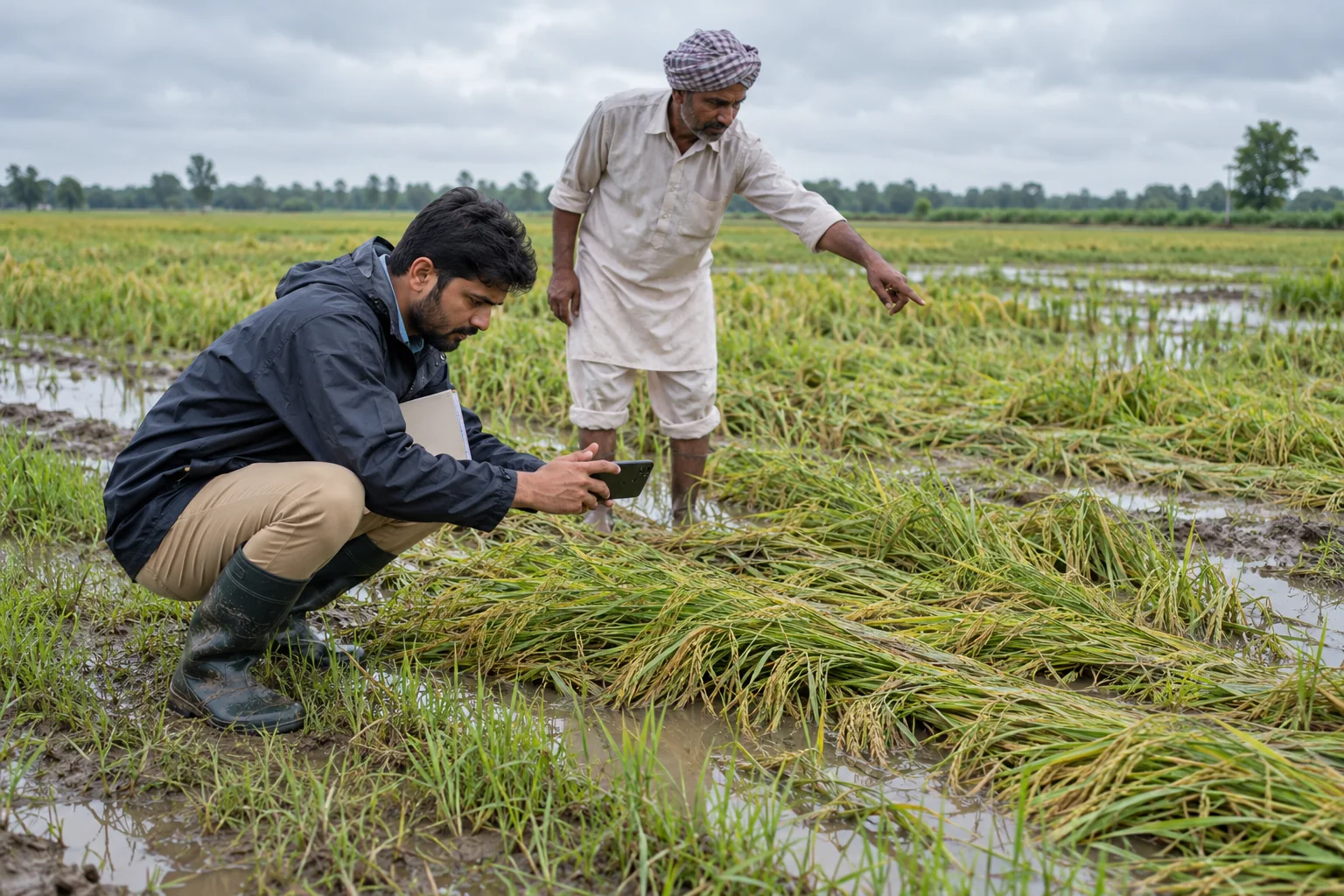 An assessor photographs lodged rice plants while a farmer points out field conditions after rain.