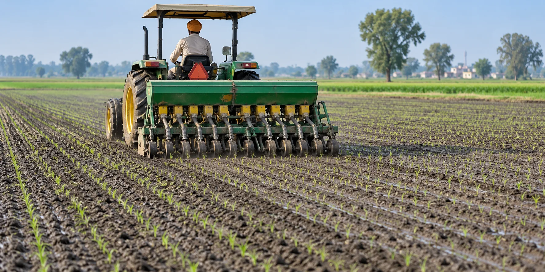 Illustrative tractor-mounted seed drill sowing rice directly into prepared field rows.