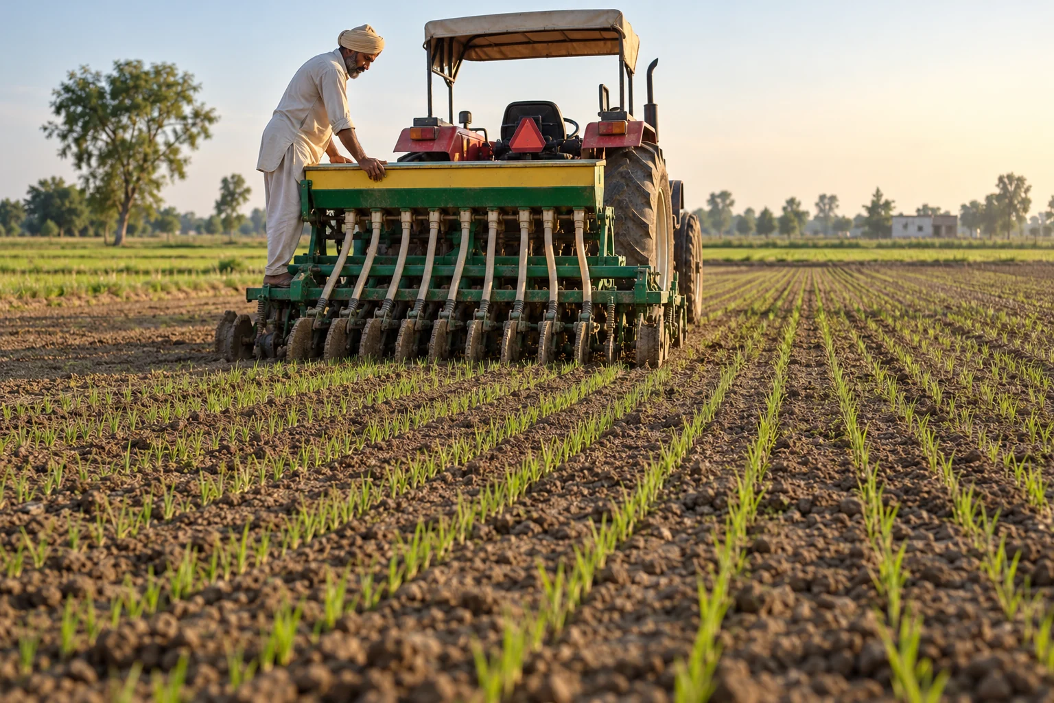 A tractor-mounted seed drill places rice seed into dry, prepared rows.
