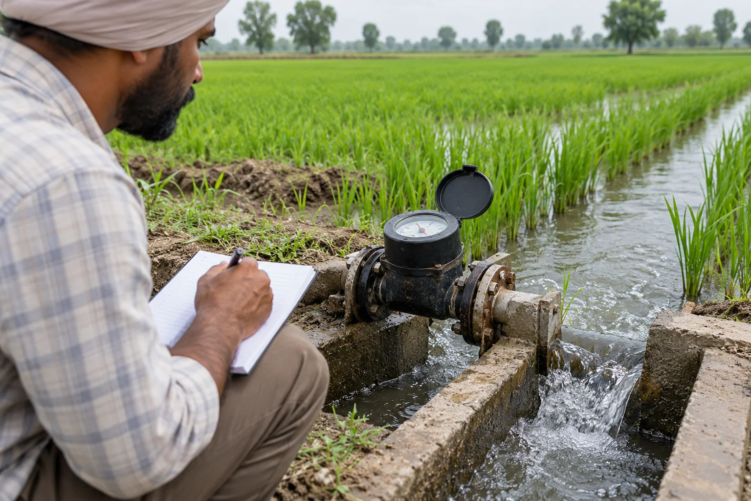 A field technician reads a flow meter beside a rice-field irrigation channel.