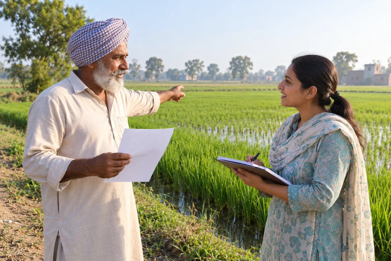 Illustrative farmer discusses participation and field activity with a coordinator.