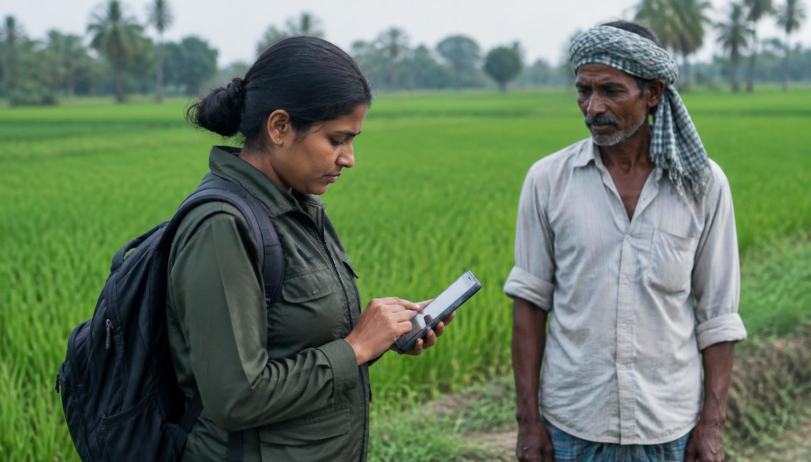 Illustrative field observer recording an agricultural observation with a farmer