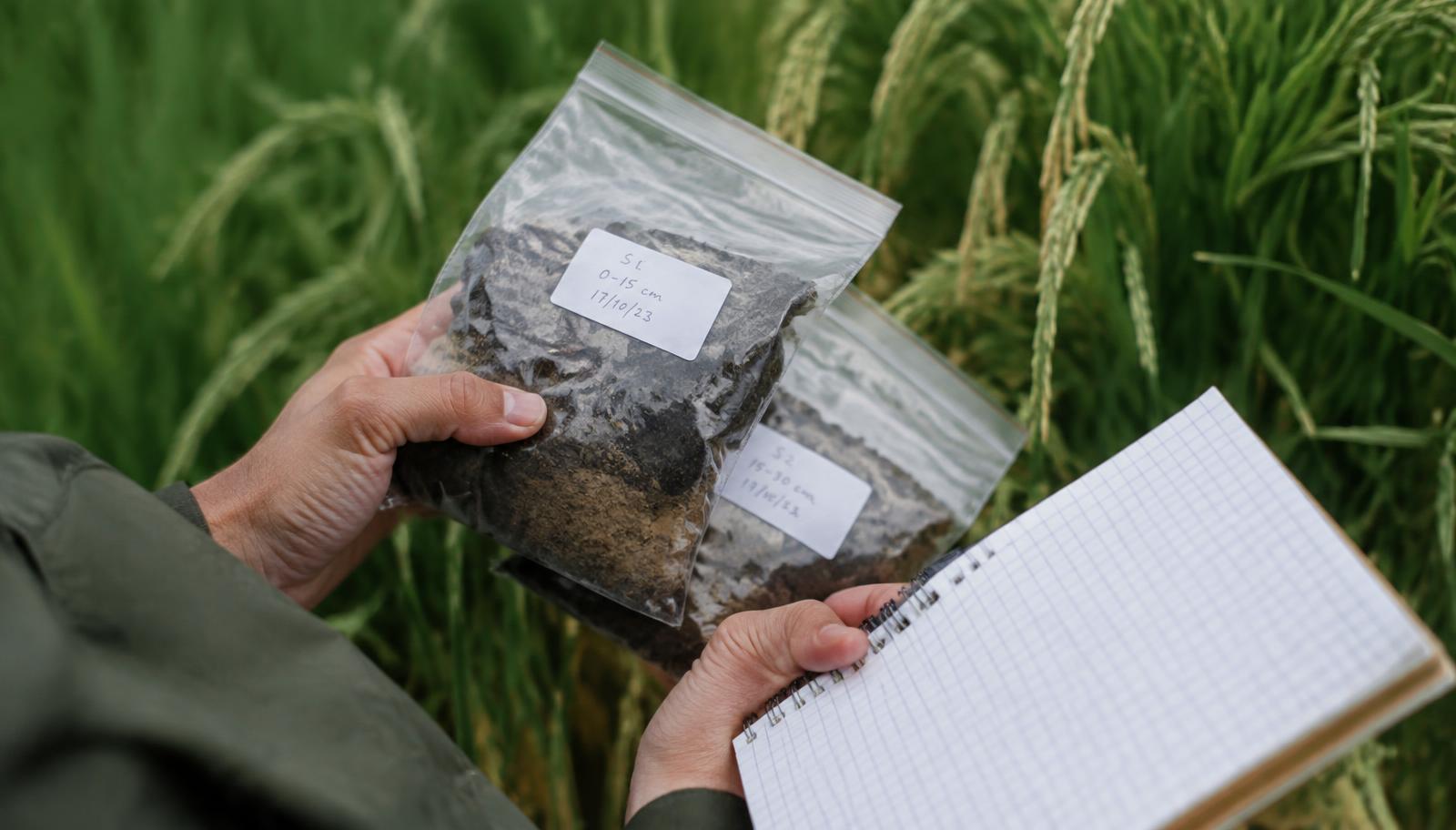 Illustrative soil samples and field notebook used in agricultural research