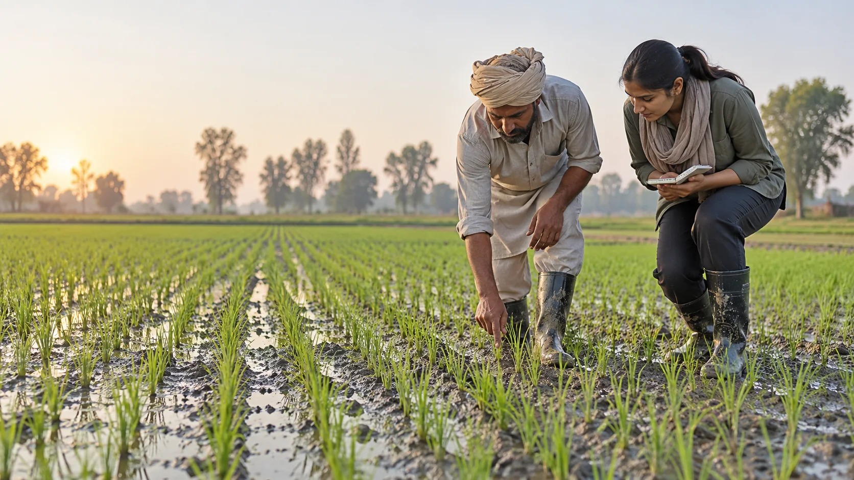 A farmer and agricultural field specialist inspect young rice plants together.