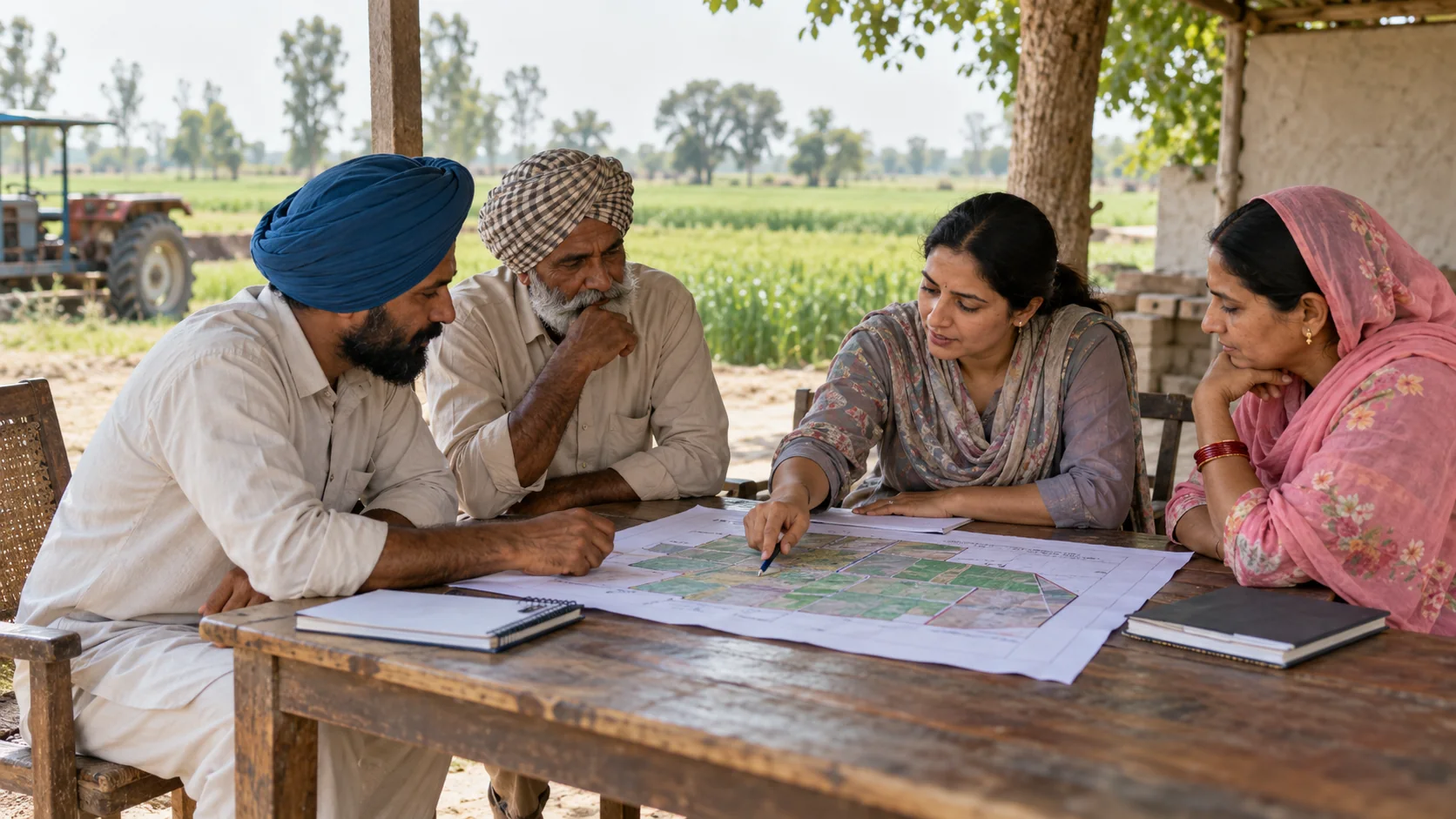 Farmers and a program coordinator review a field sketch together under a shaded farm shelter.
