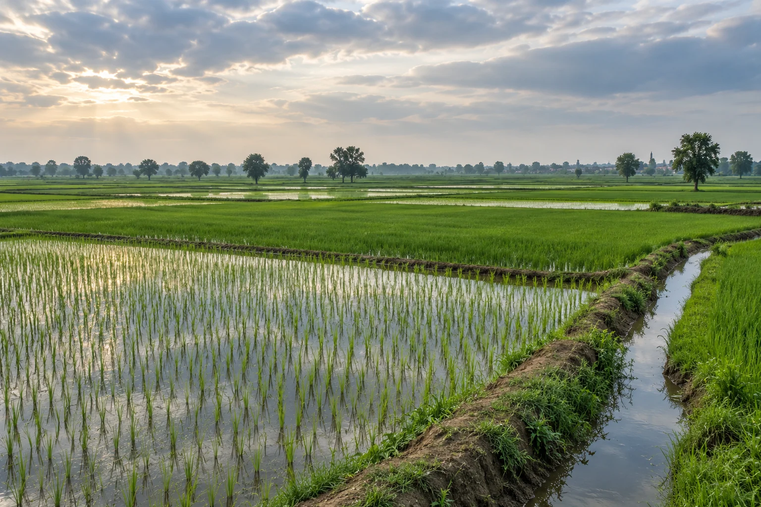 Illustrative Punjab rice plots and irrigation channels at dawn