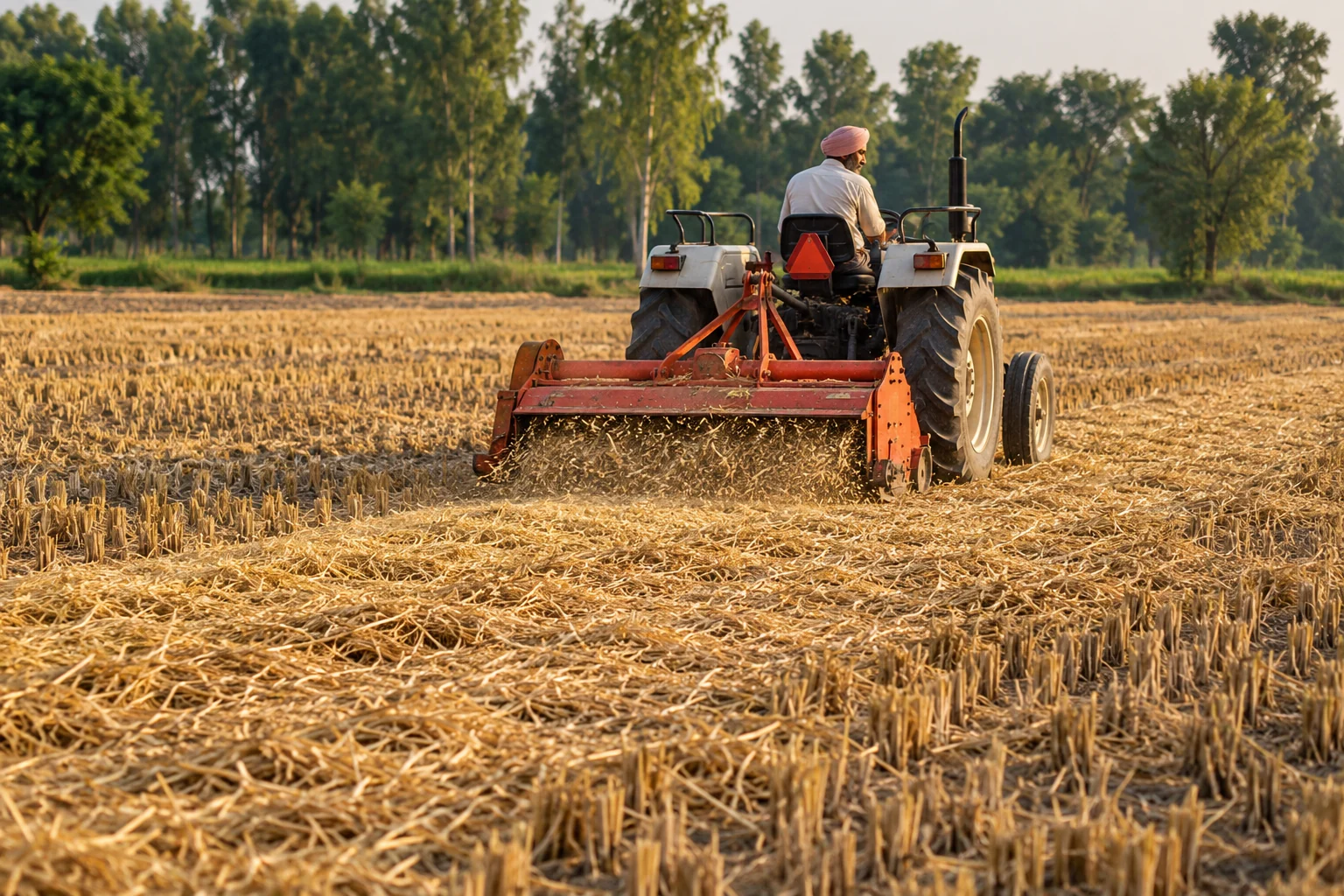 A tractor-mounted straw chopper spreads rice residue across a harvested field.