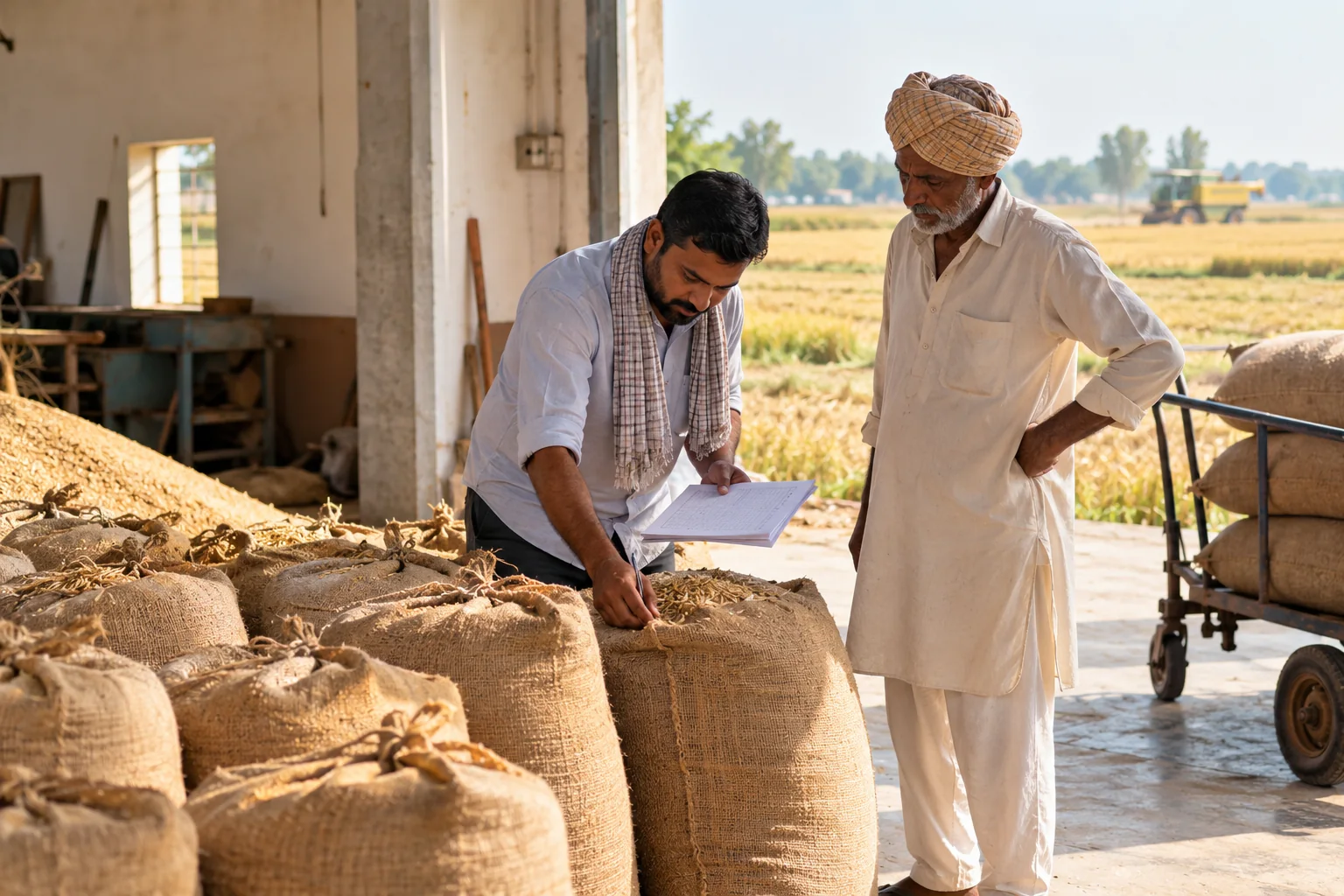 A worker and farmer check an unbranded paddy sack at a rural collection point.