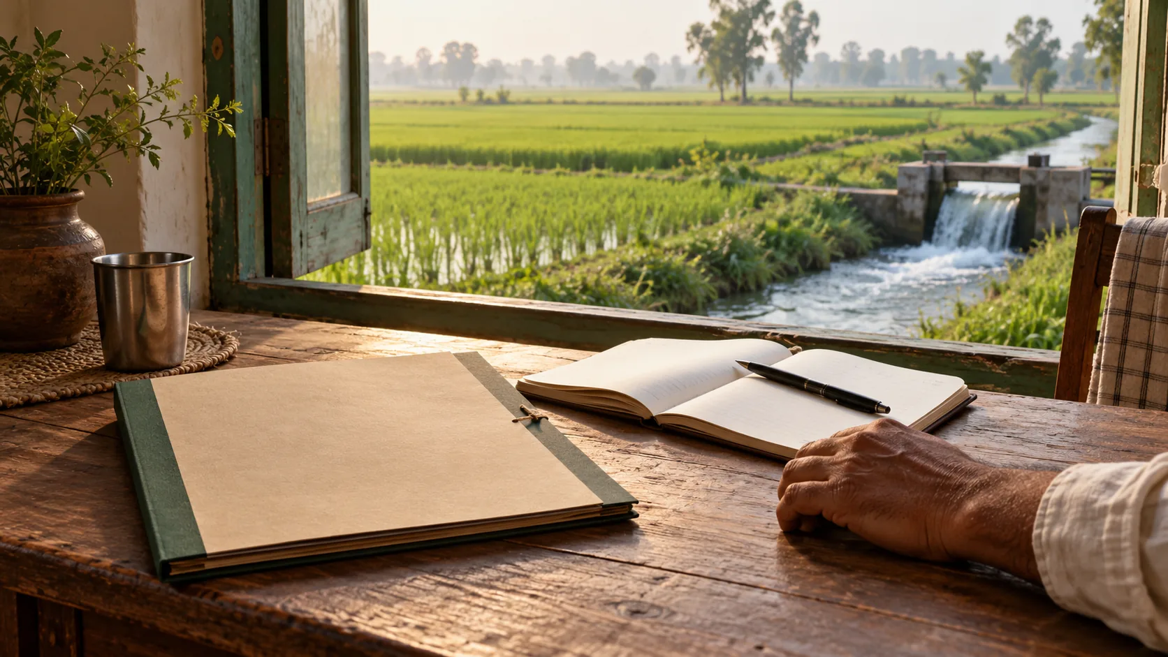 Illustrative farm notebook and blank agreement beside a Punjab rice field