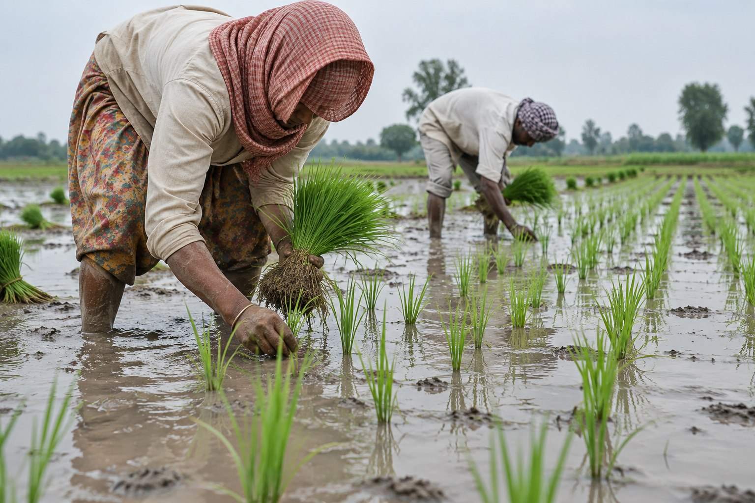 AI-generated illustrative farm workers transplanting rice seedlings into a prepared paddy
