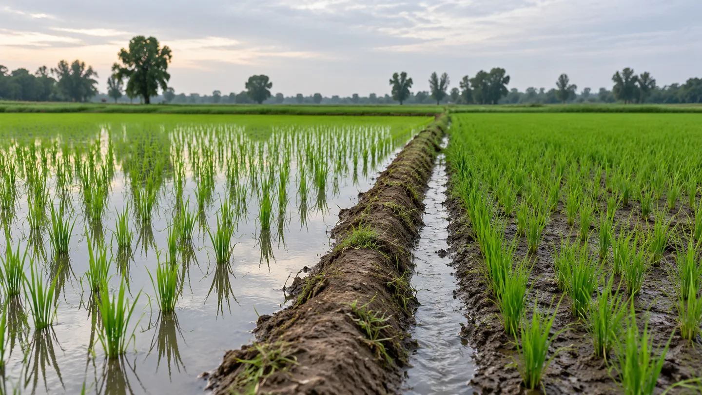 Rice plants growing in a waterlogged field beside an irrigation channel.