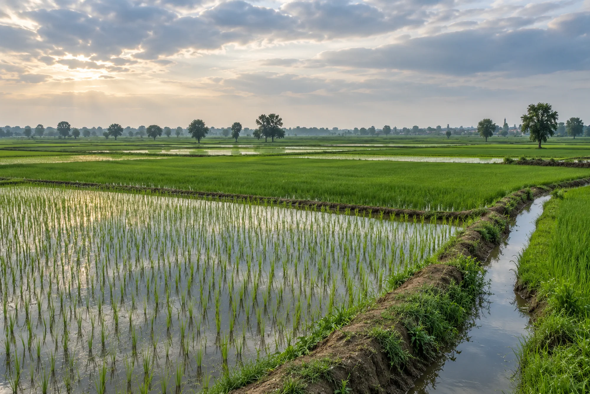 Illustrative rice landscape at the edge of a field season.