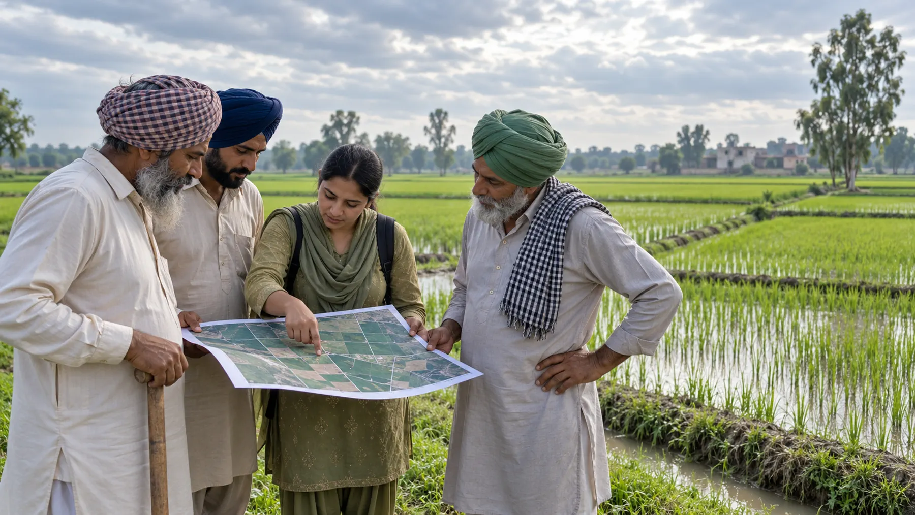 Farmers and a field coordinator looking together at a parcel map beside rice fields.